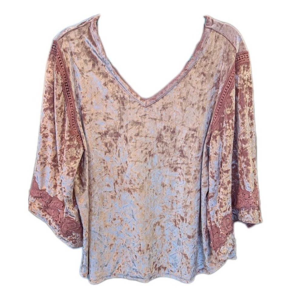 EUC Westport 1962‎ XL Top Pink Crushed Velvet Lace Overlay 3/4 Bell Sleeve Fairy